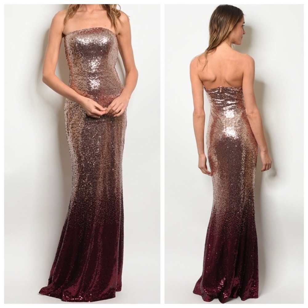 New champagne blush burgundy sequin strapless gown